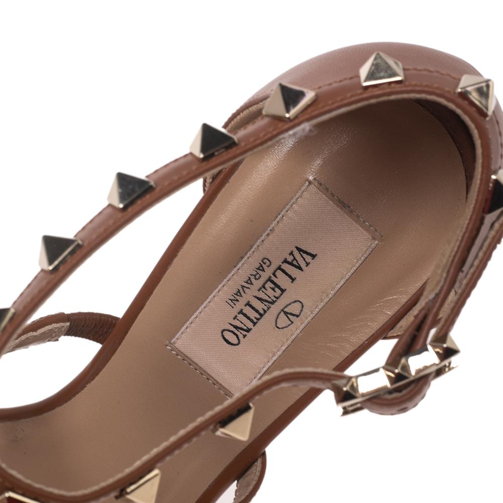 Valentino Brown Leather Rockstud Caged Ankle-Strap Platform Sandals Size 37 3