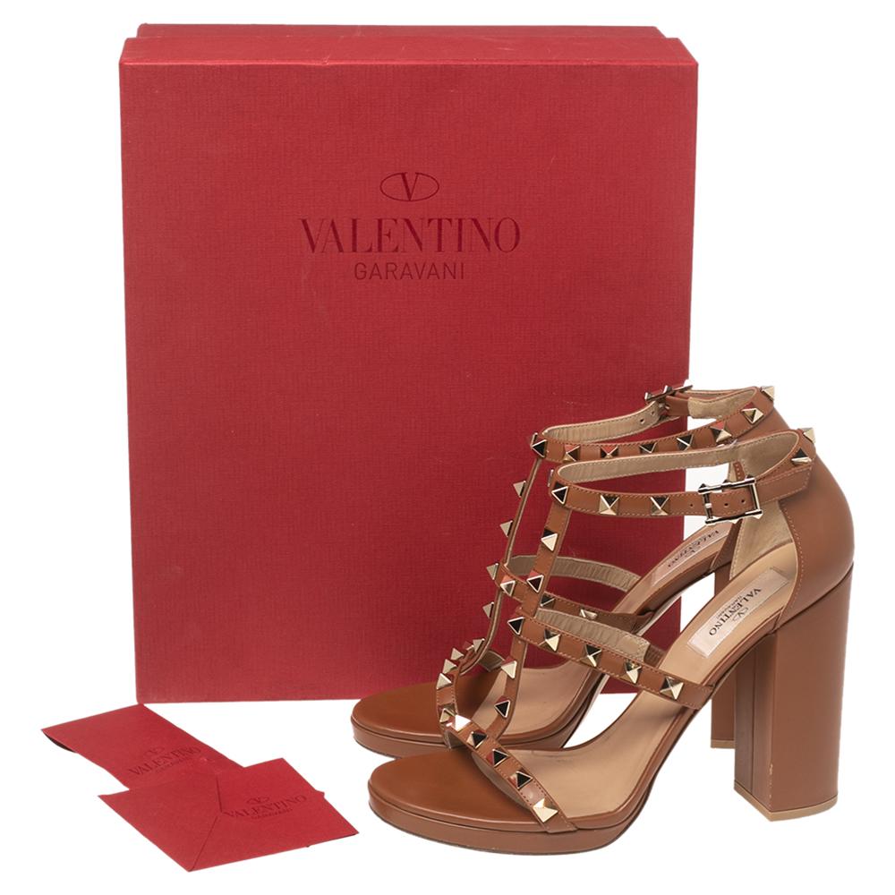 Valentino Brown Leather Rockstud Caged Ankle-Strap Platform Sandals Size 37 4