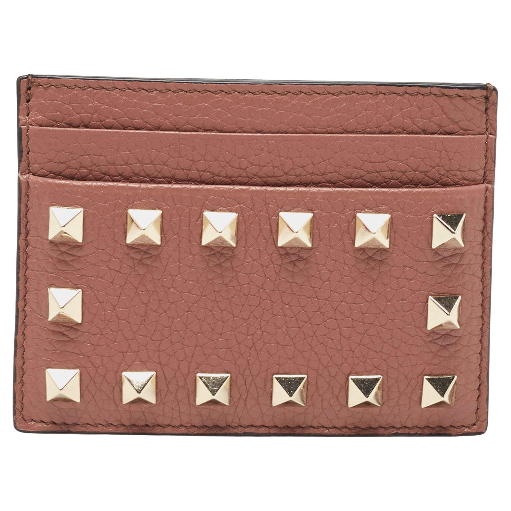 Valentino Brown Leather Rockstud Card Holder