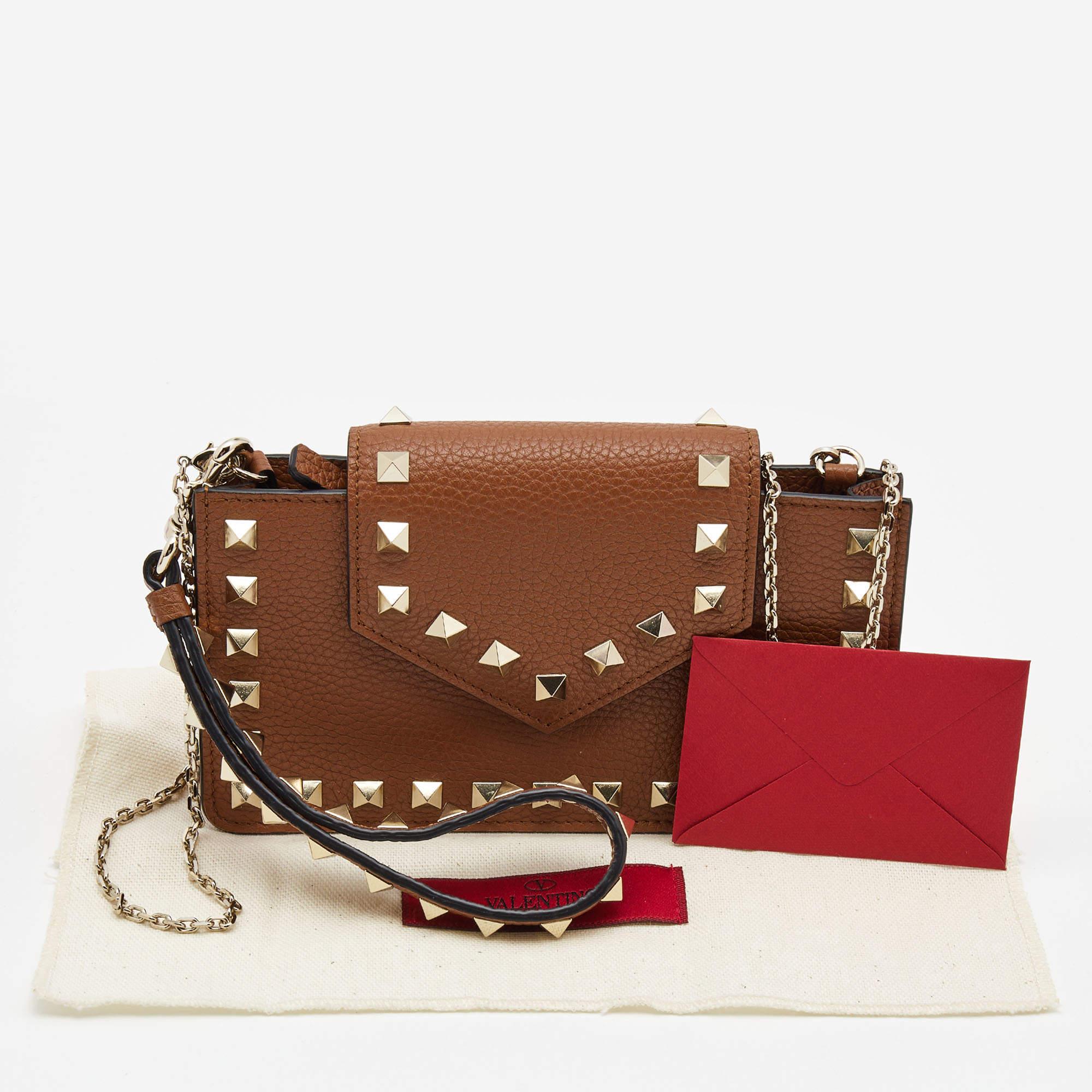 Valentino Brown Leather Rockstud Chain Phone Pouch 6