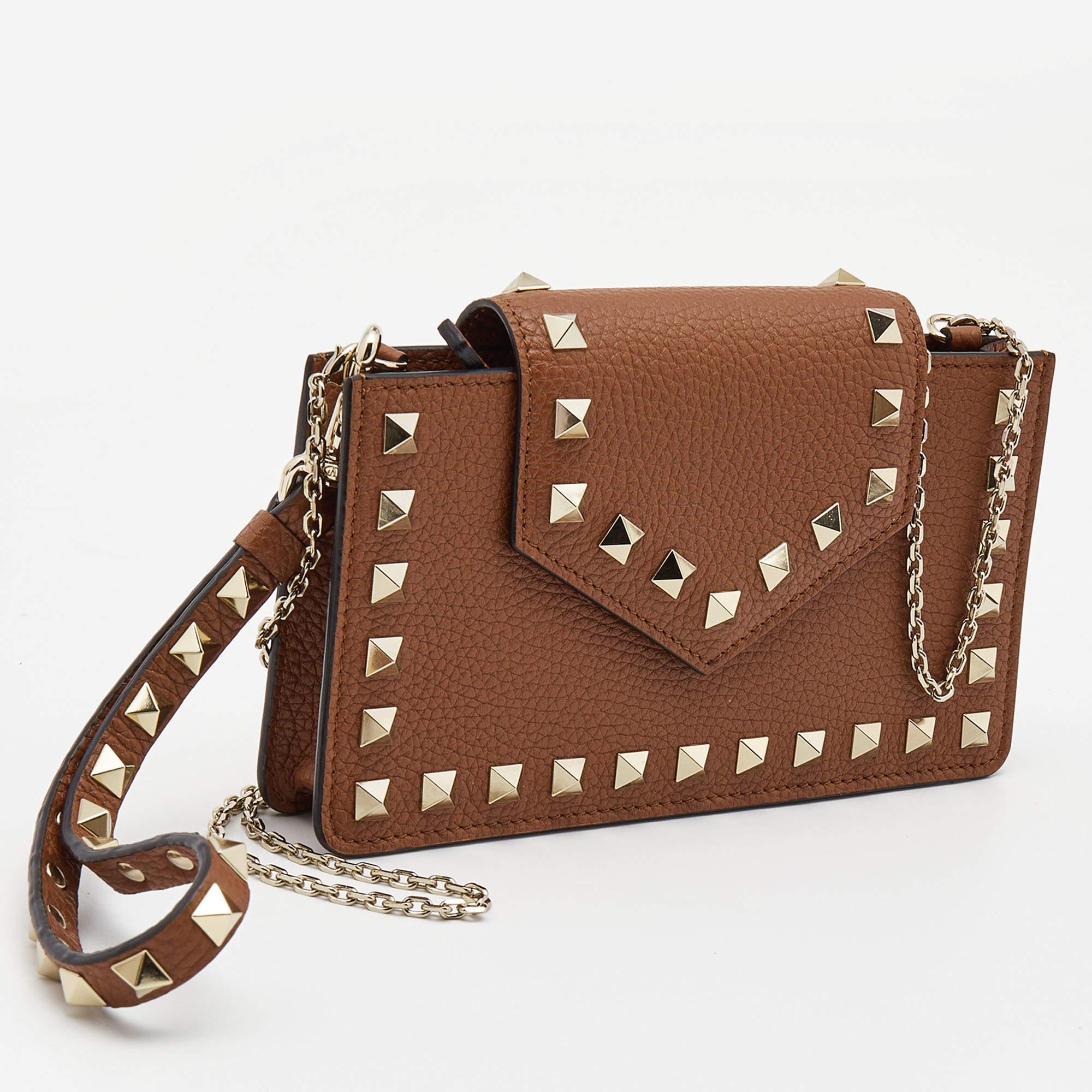 Women's Valentino Brown Leather Rockstud Chain Phone Pouch