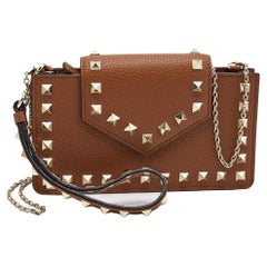 Valentino Brown Leather Rockstud Chain Phone Pouch
