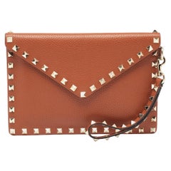 Valentino Brown Leather Rockstud Envelope Wristlet Clutch