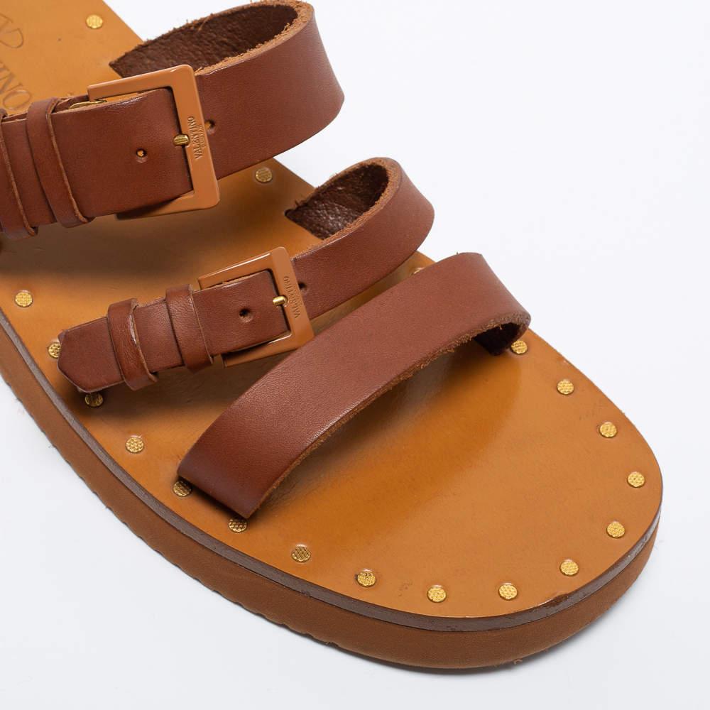 Valentino Brown Leather Rockstud Flat Slides Size 39 3