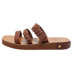 Valentino Brown Leather Rockstud Flat Slides Size 39