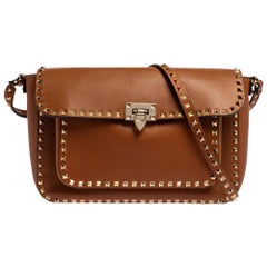 Valentino Brown Leather Rockstud Pocket Flap Shoulder Bag