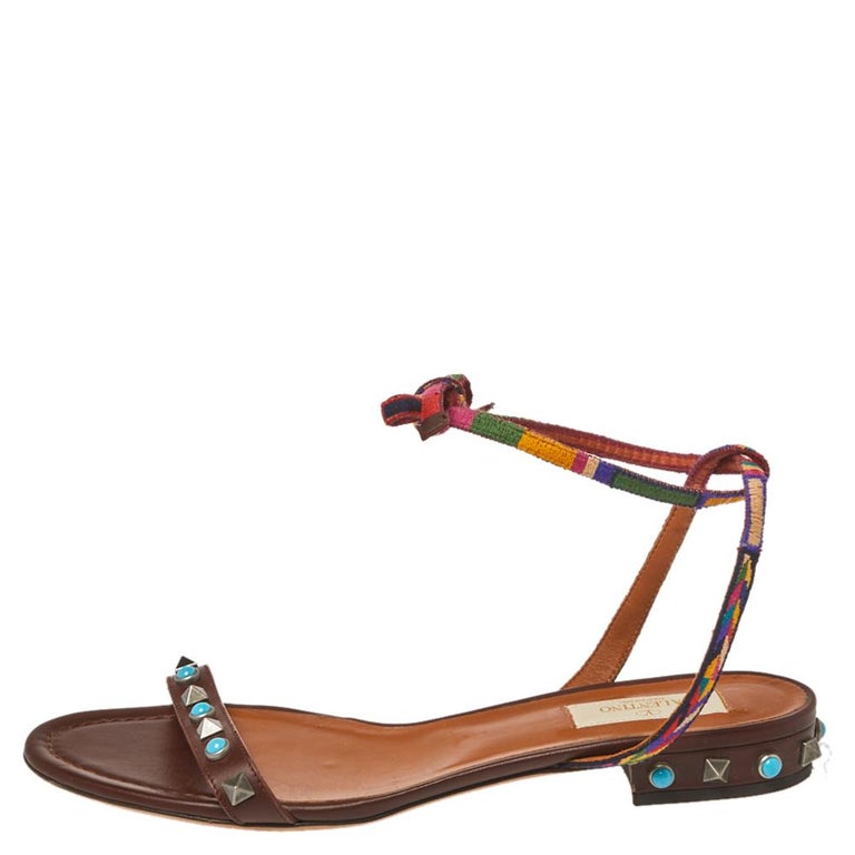 Valentino Brown Leather Rockstud Rolling Ankle Wrap Flat Sandals Size 38 at  1stDibs
