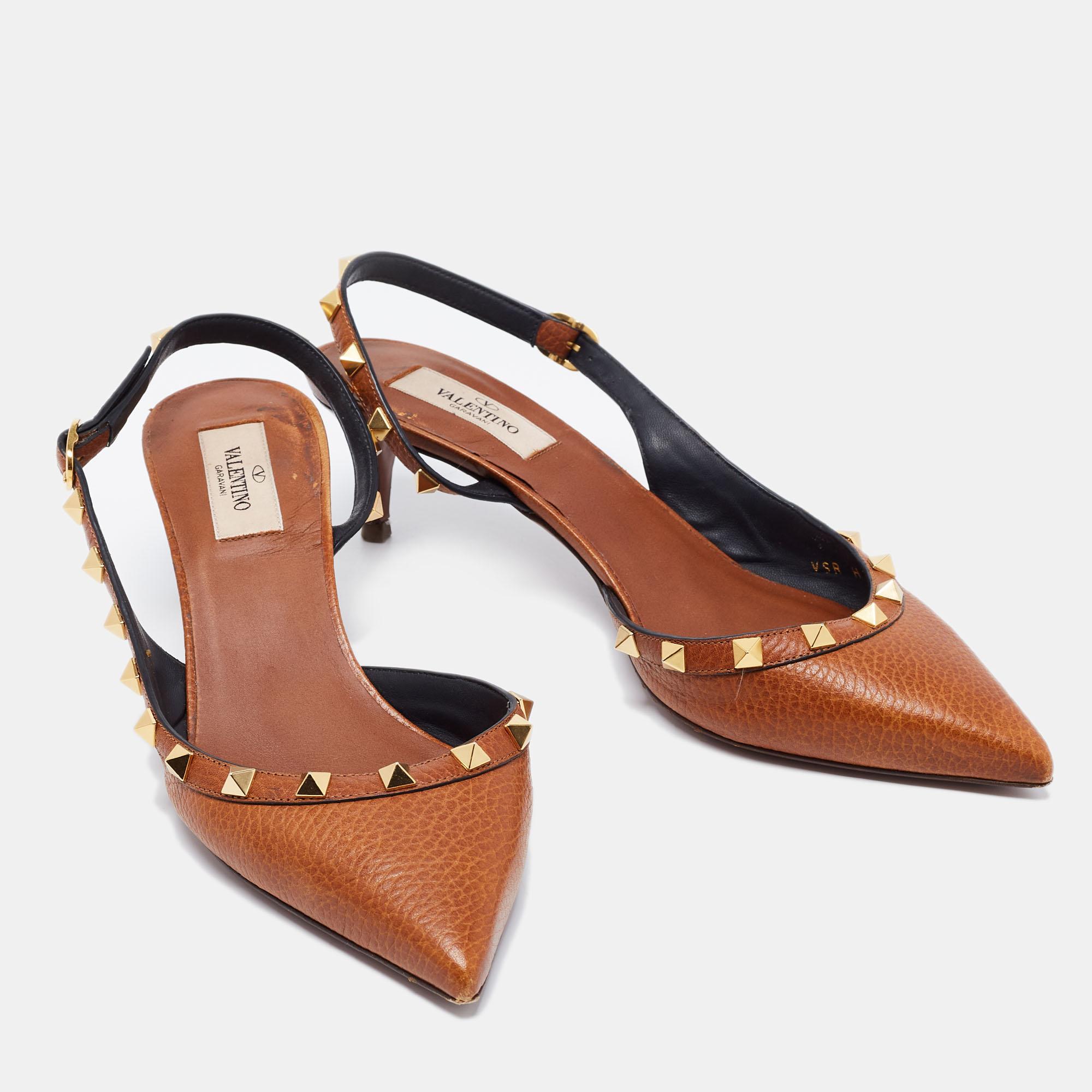 Women's Valentino Brown Leather Rockstud Slingback Sandals Size 38.5