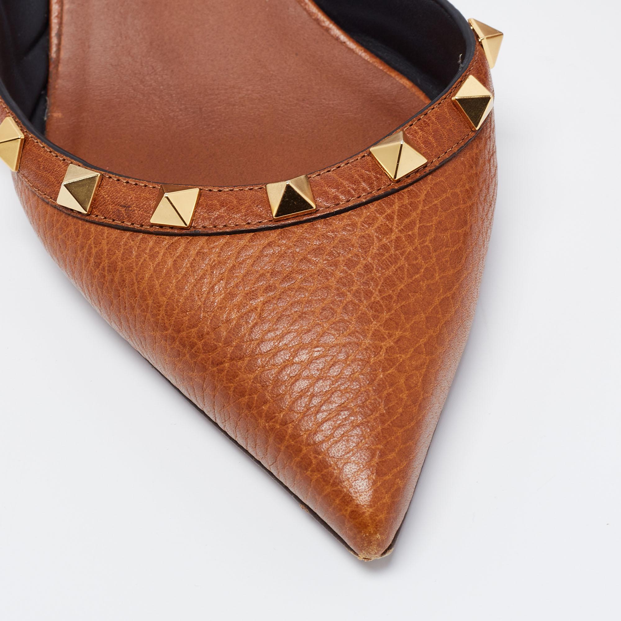 Valentino Brown Leather Rockstud Slingback Sandals Size 38.5 1