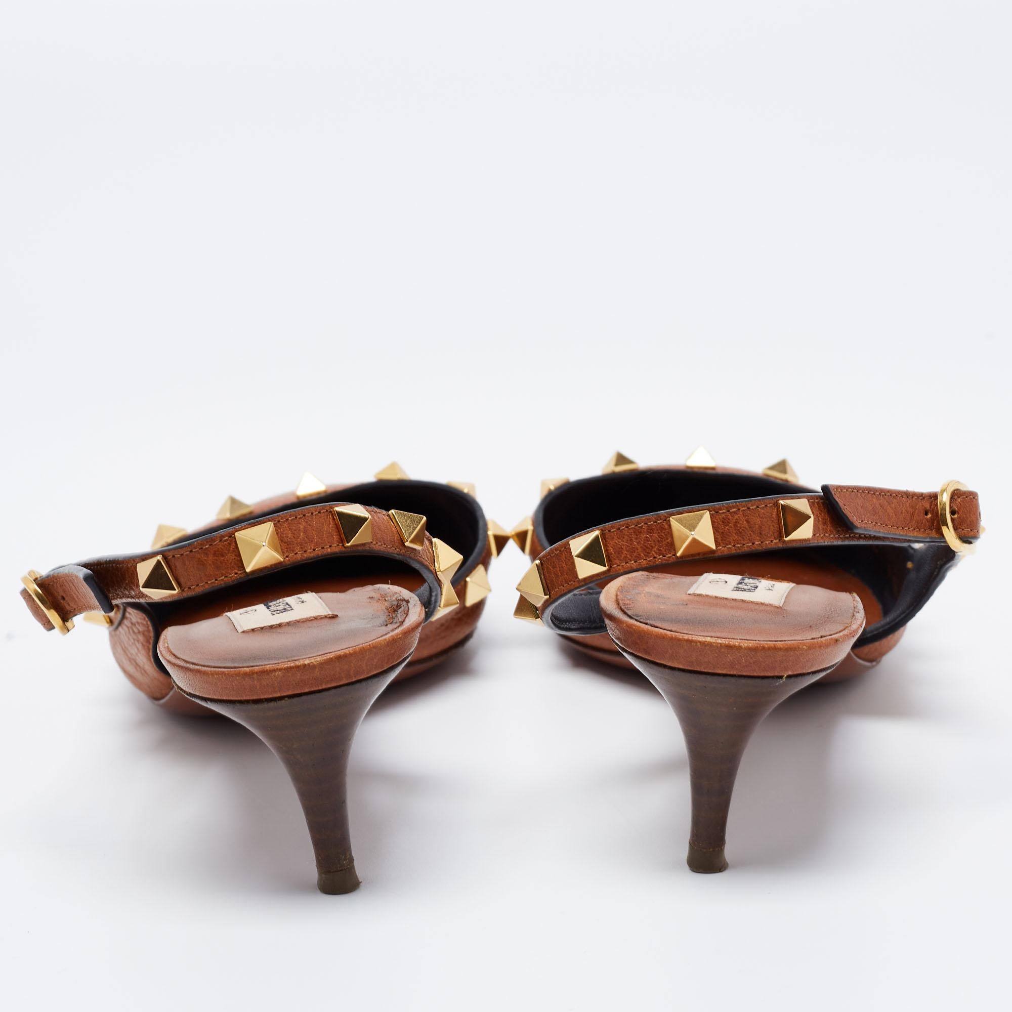 Valentino Brown Leather Rockstud Slingback Sandals Size 38.5 4