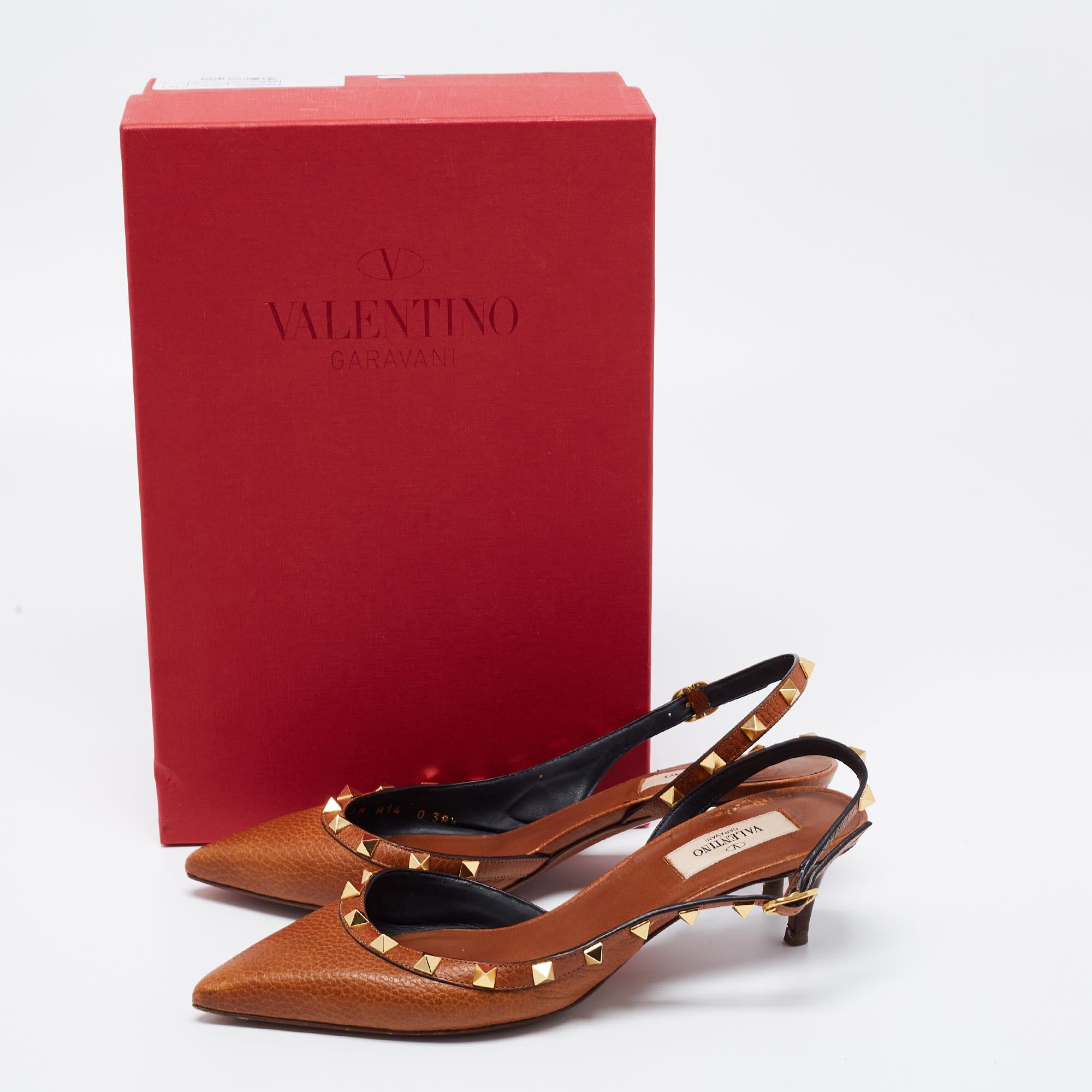 Valentino Brown Leather Rockstud Slingback Sandals Size 38.5 5