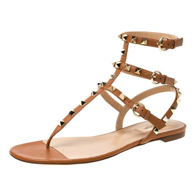 Valentino Brown Leather Rockstud Thong Gladiator Sandals Size 39 For ...