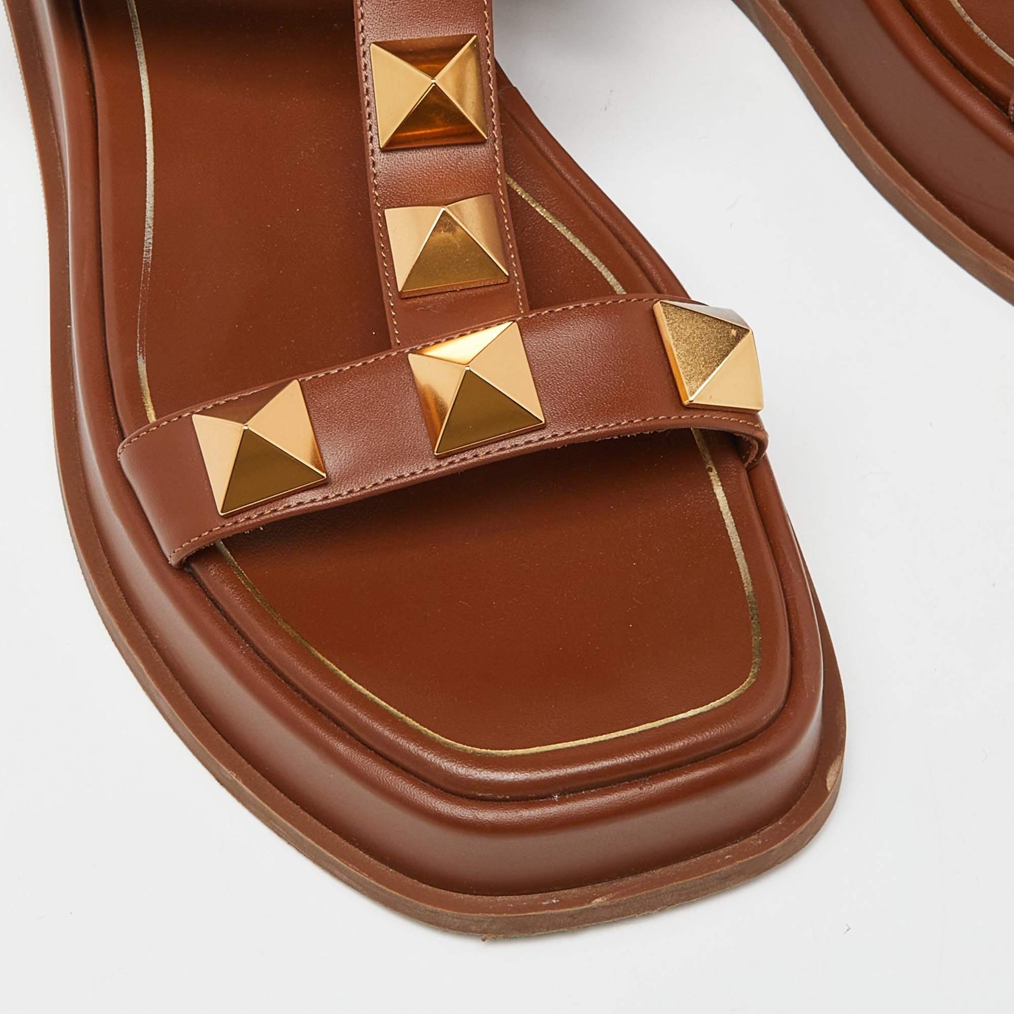 Women's Valentino Brown Leather Roman Stud Strappy Flat Slides Size 40