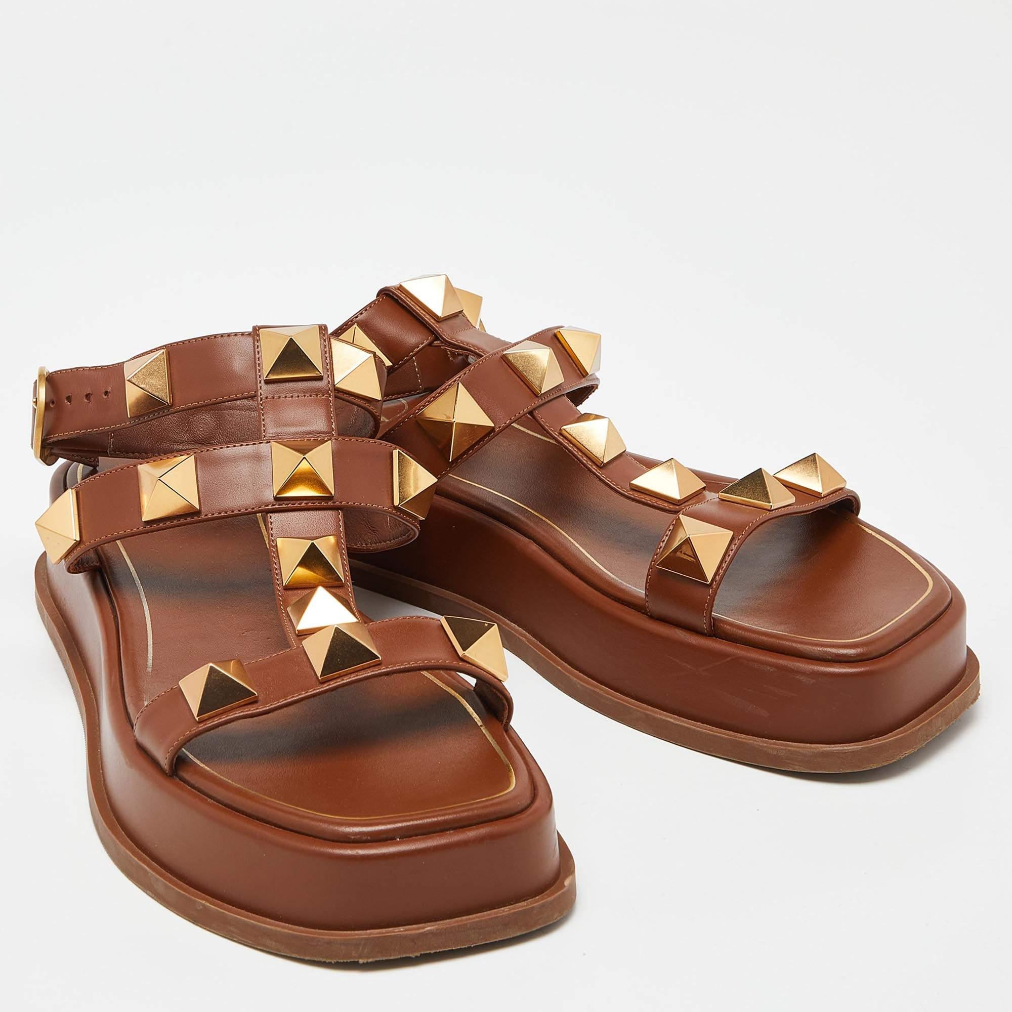 Valentino Brown Leather Roman Stud Strappy Flat Slides Size 40 1