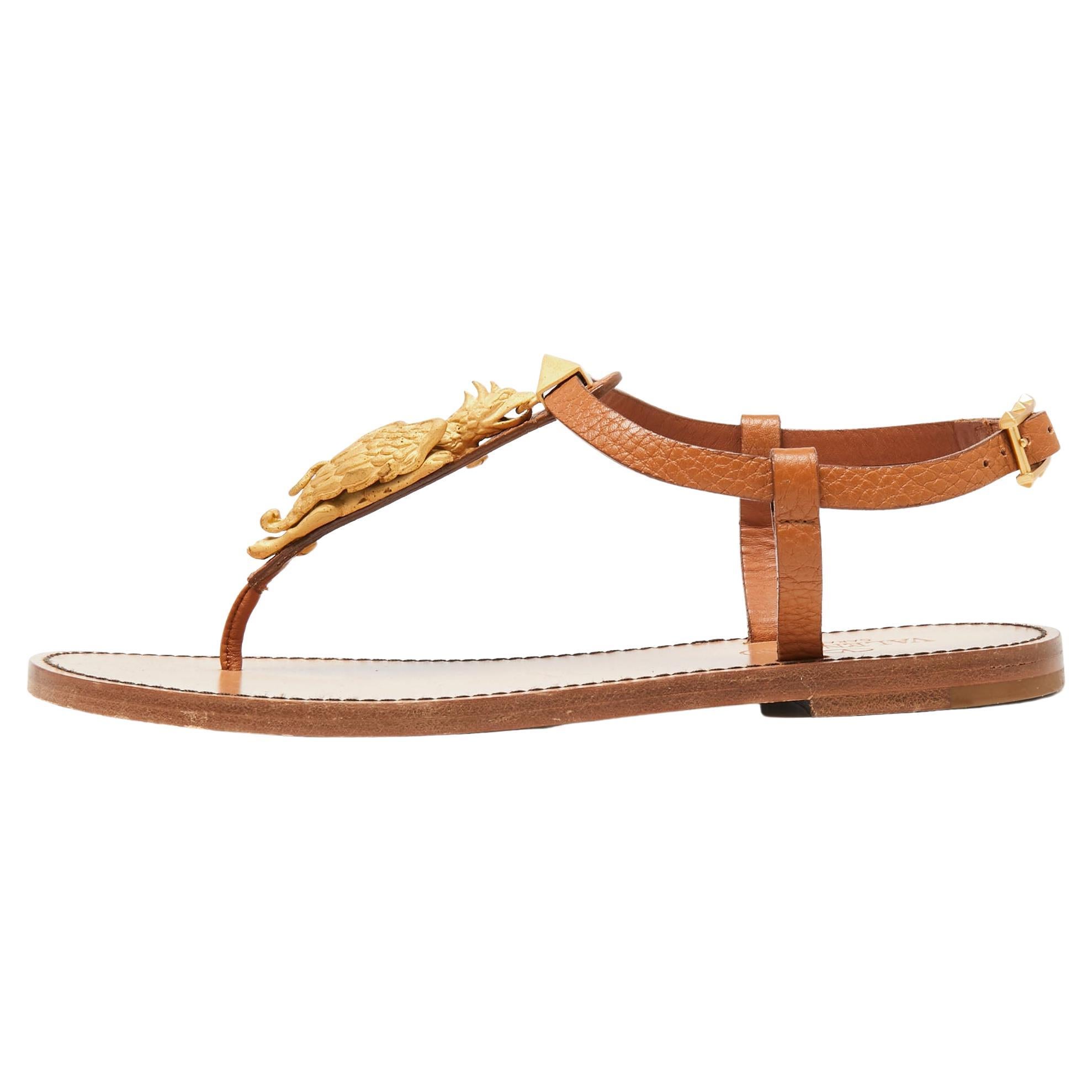 Valentino Brown Leather Scarab Thong Flat Sandals Size 36.5 For Sale at  1stDibs