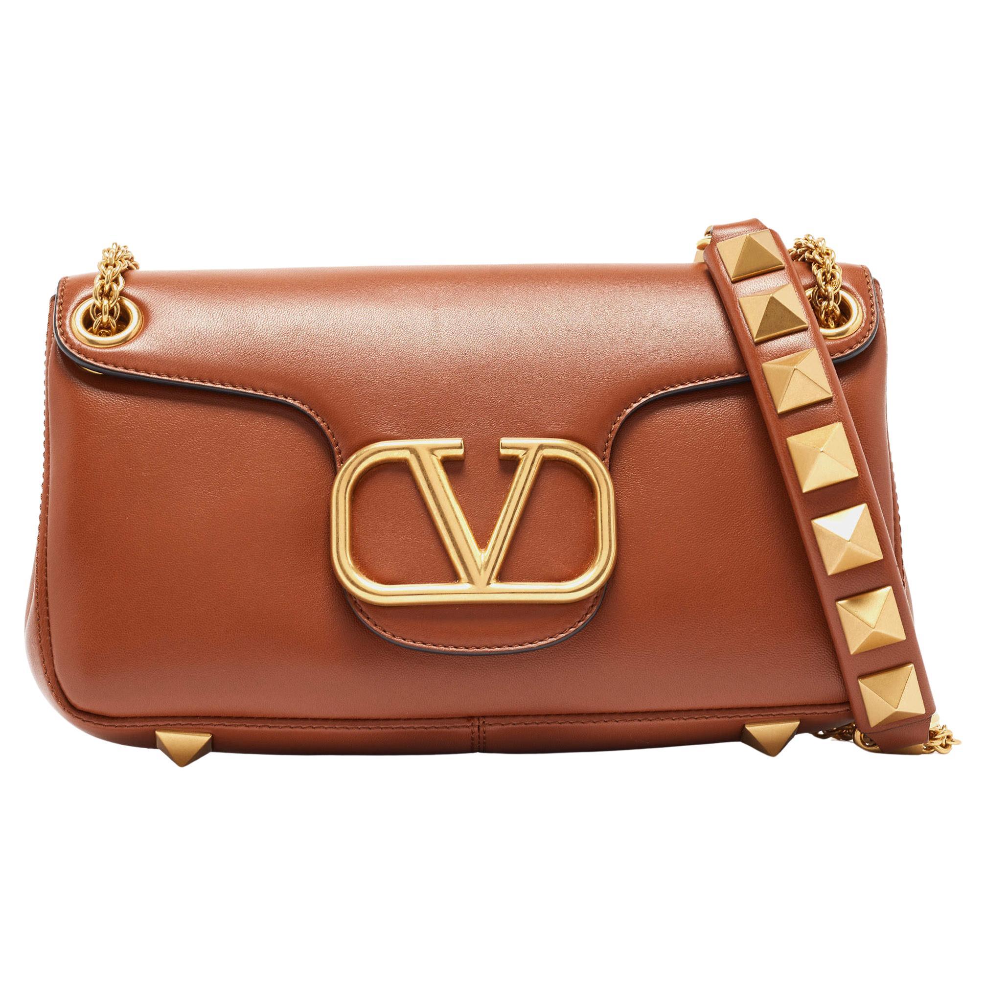 Valentino Brown Leather Stud Sign Shoulder Bag