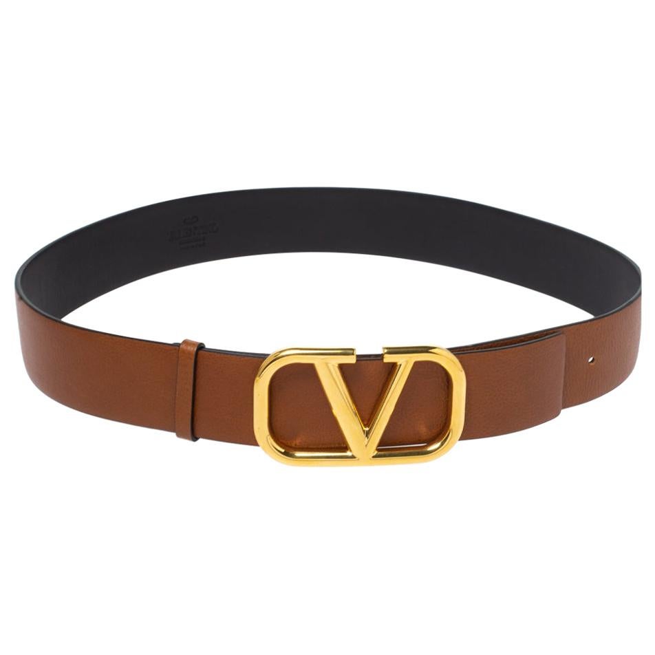 Valentino Brown Leather V Logo Belt Size 80 CM