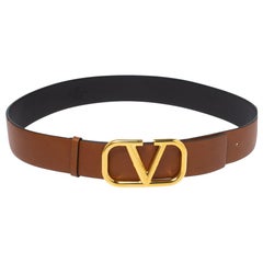 Valentino Brown Leather V Logo Belt Size 80 CM