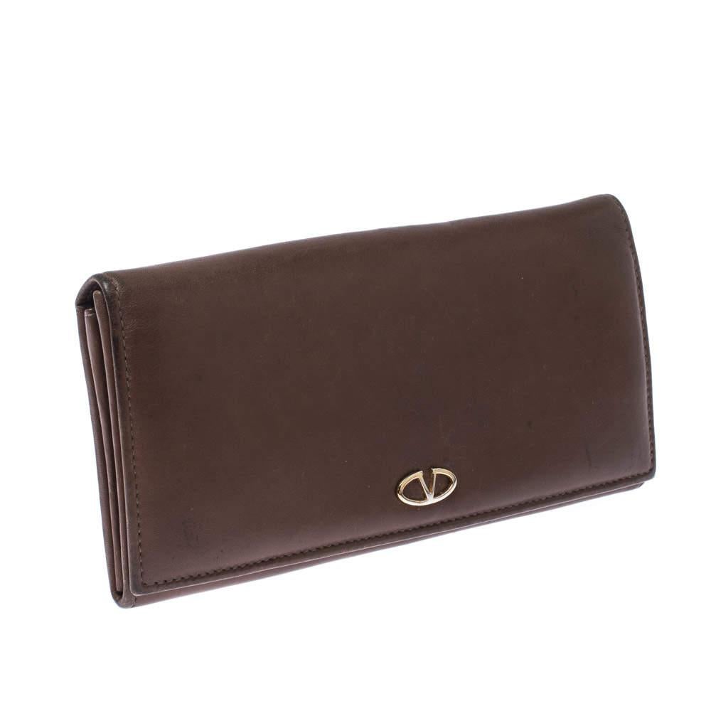 Black Valentino Brown Leather V Ring Flap Continental Wallet
