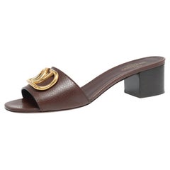 Valentino Brown Leather VLogo Slide Sandals Size 40