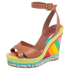 Valentino Brown Multicolor Espadrille Wedge Ankle Strap Sandals Size 36.5