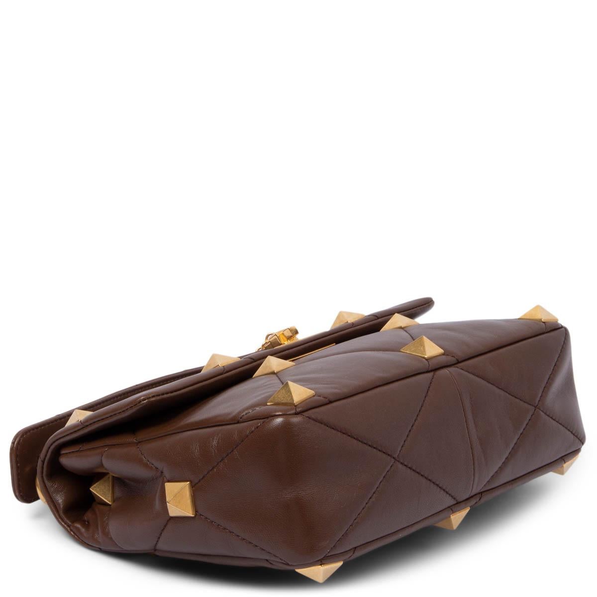 Women's VALENTINO brown nappa leather LARGE ROMAN STUD Shoulder Bag