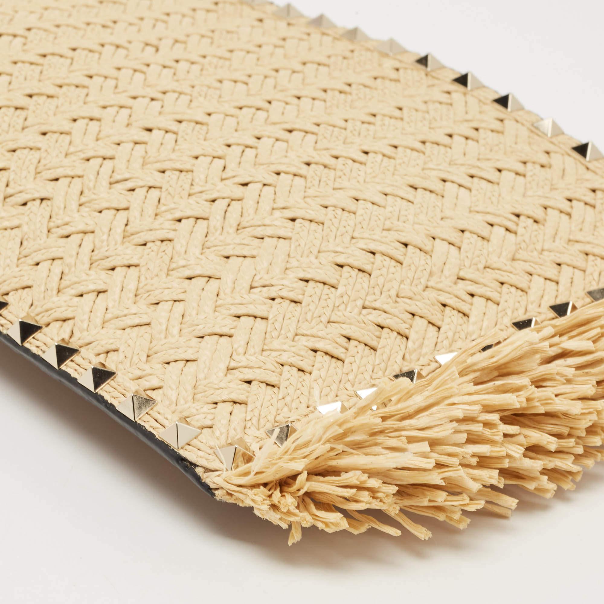 Valentino Brown/Natural Raffia and Leather Rockstud Zip Pouch 5