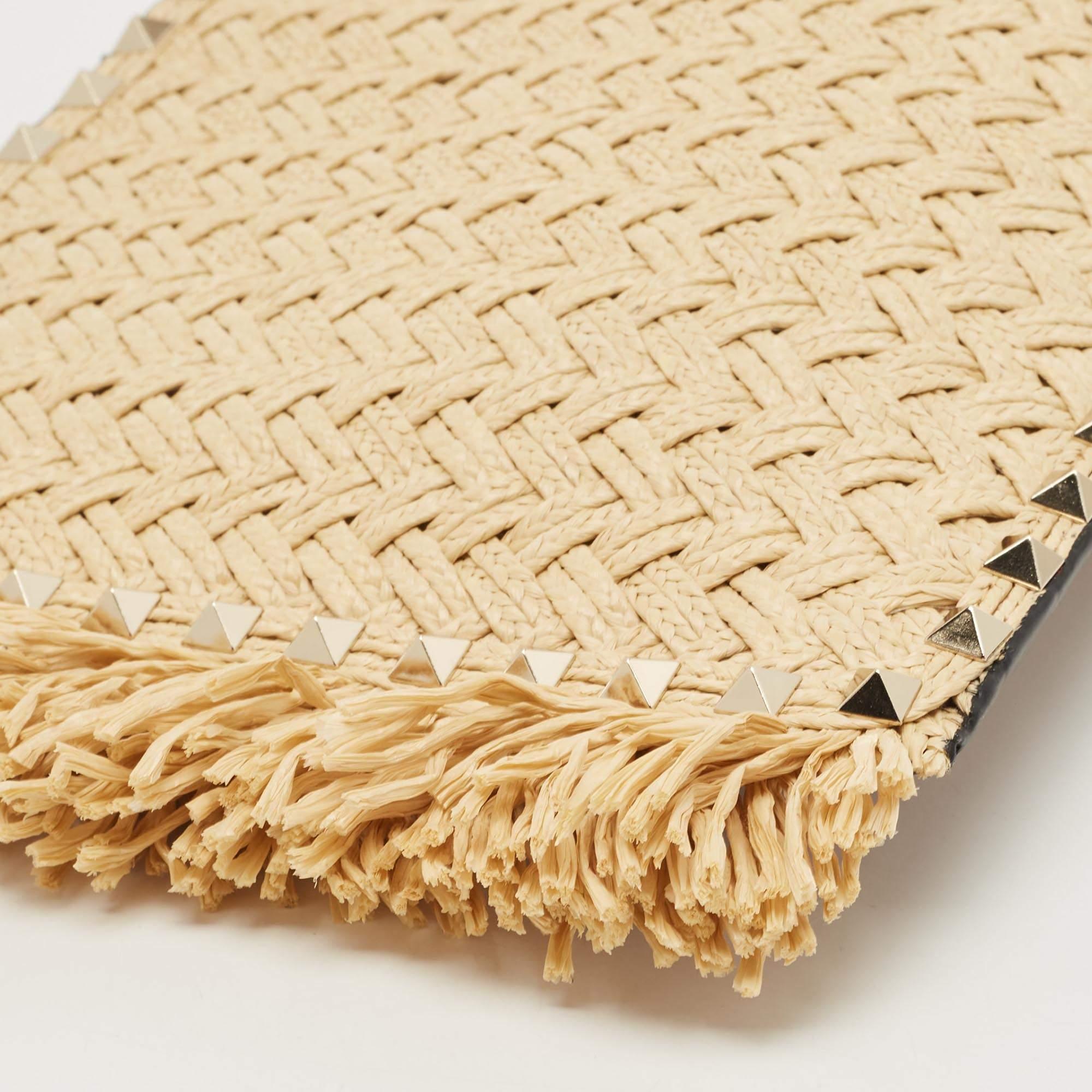 Valentino Brown/Natural Raffia and Leather Rockstud Zip Pouch 6