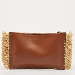 Valentino Brown/Natural Raffia and Leather Rockstud Zip Pouch