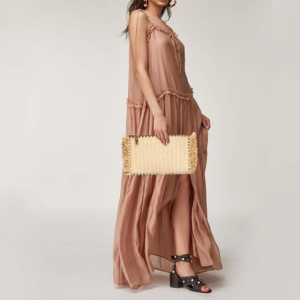 Beige Valentino Brown/Natural Raffia and Leather Rockstud Zip Pouch