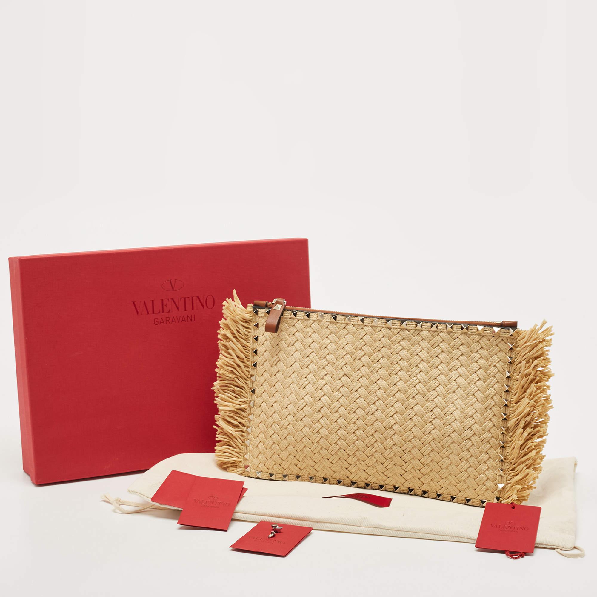 Valentino Brown/Natural Raffia and Leather Rockstud Zip Pouch 3