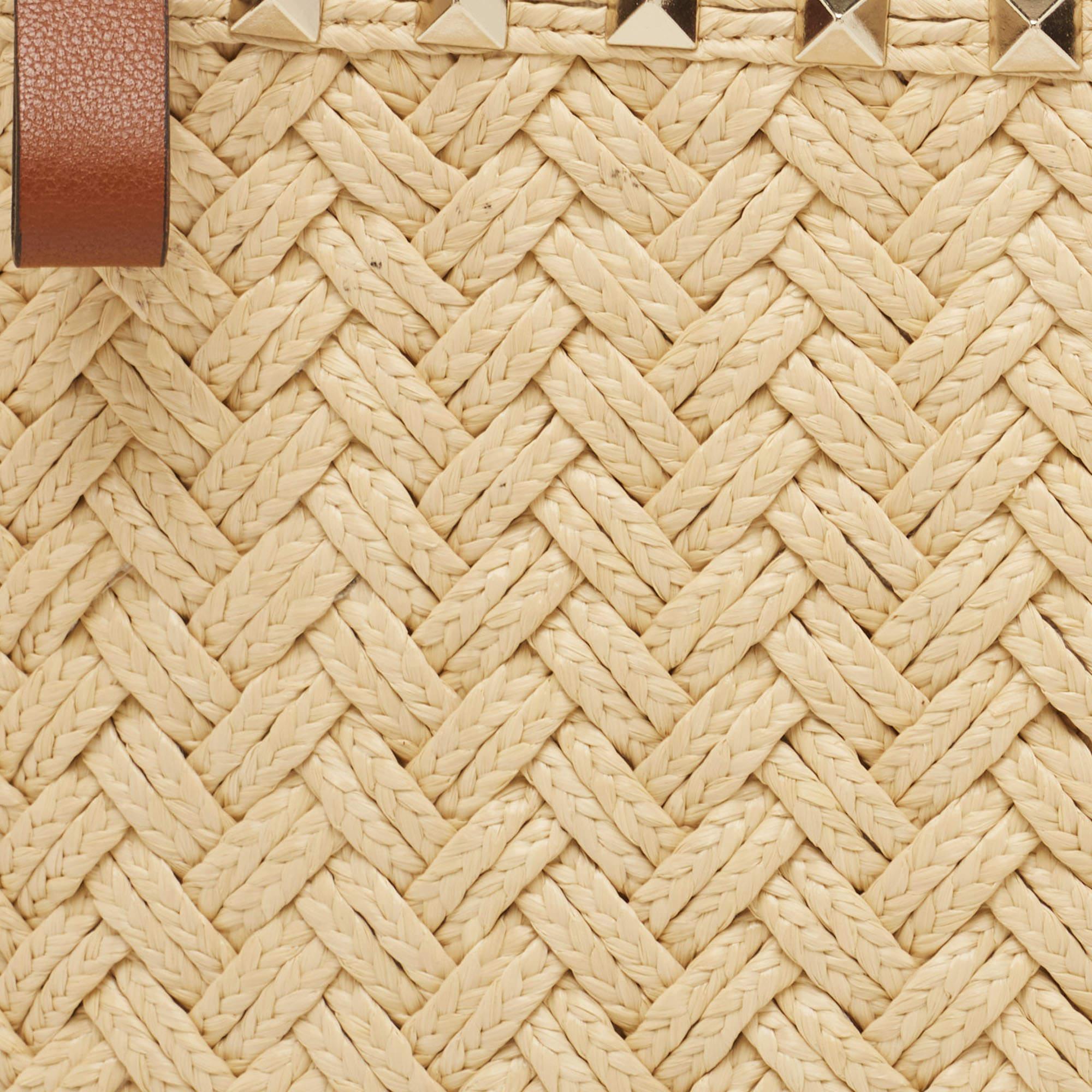 Valentino Brown/Natural Raffia and Leather Rockstud Zip Pouch 4