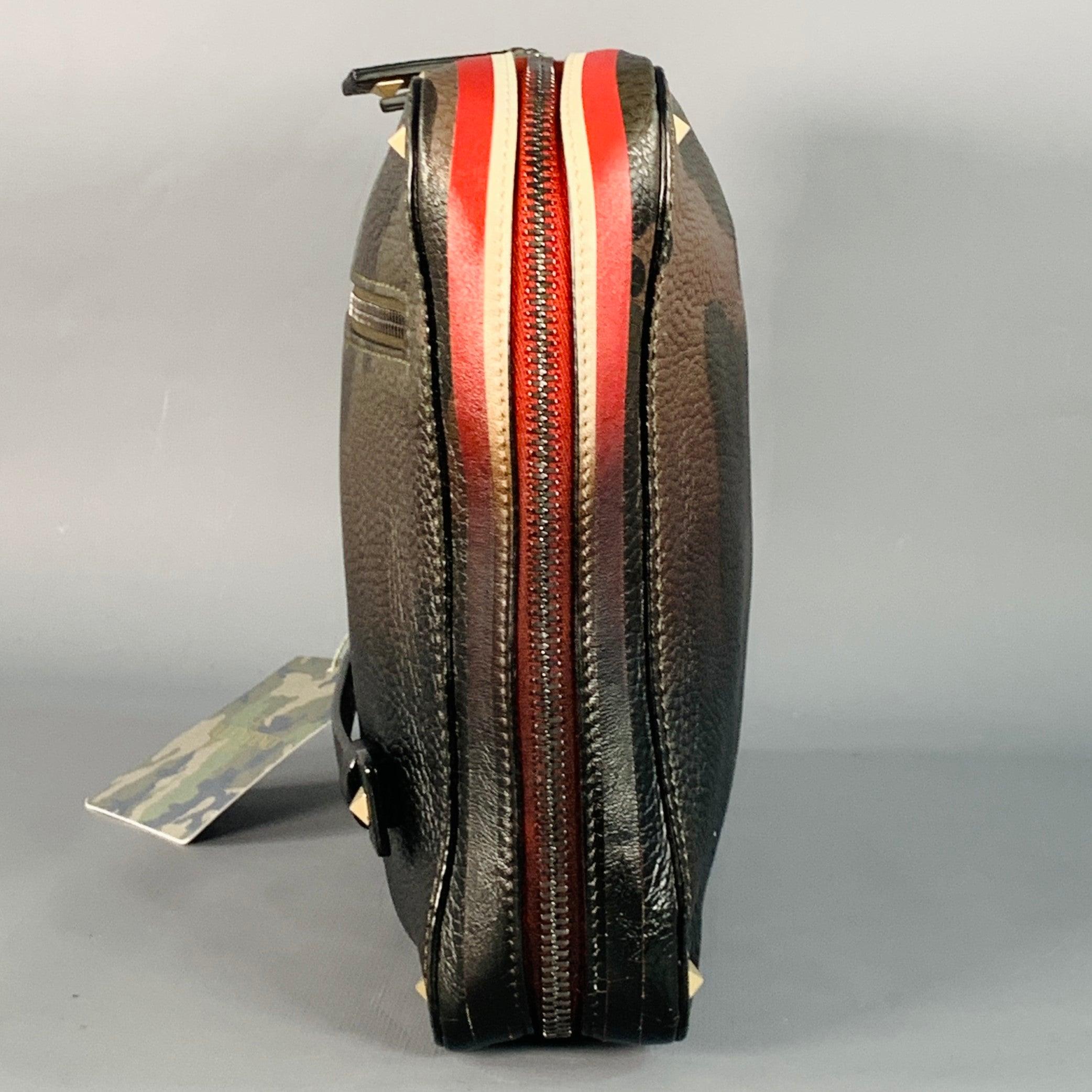 Gray VALENTINO  Brown Olive Camoflage Ombre Leather Zip Up Clutch For Sale
