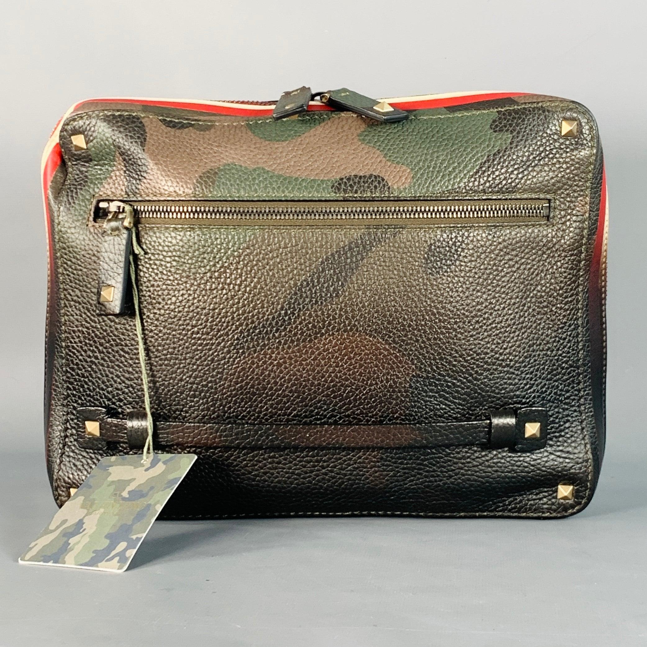 VALENTINO  Brown Olive Camoflage Ombre Leather Zip Up Clutch In Excellent Condition For Sale In San Francisco, CA