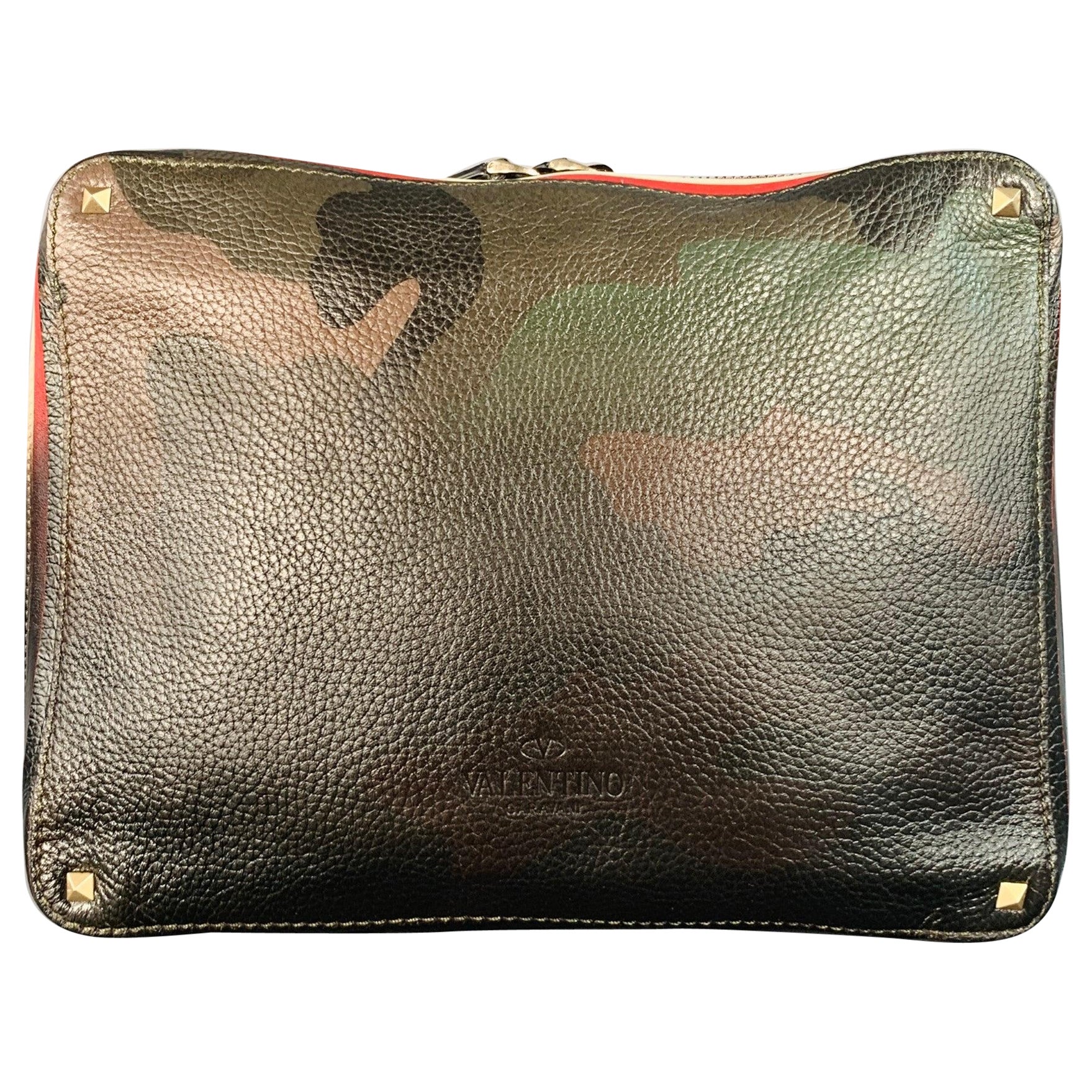 VALENTINO  Brown Olive Camoflage Ombre Leather Zip Up Clutch For Sale