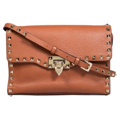 Valentino Brown Pebbled Calfskin Medium Rockstud Crossbody Tasche