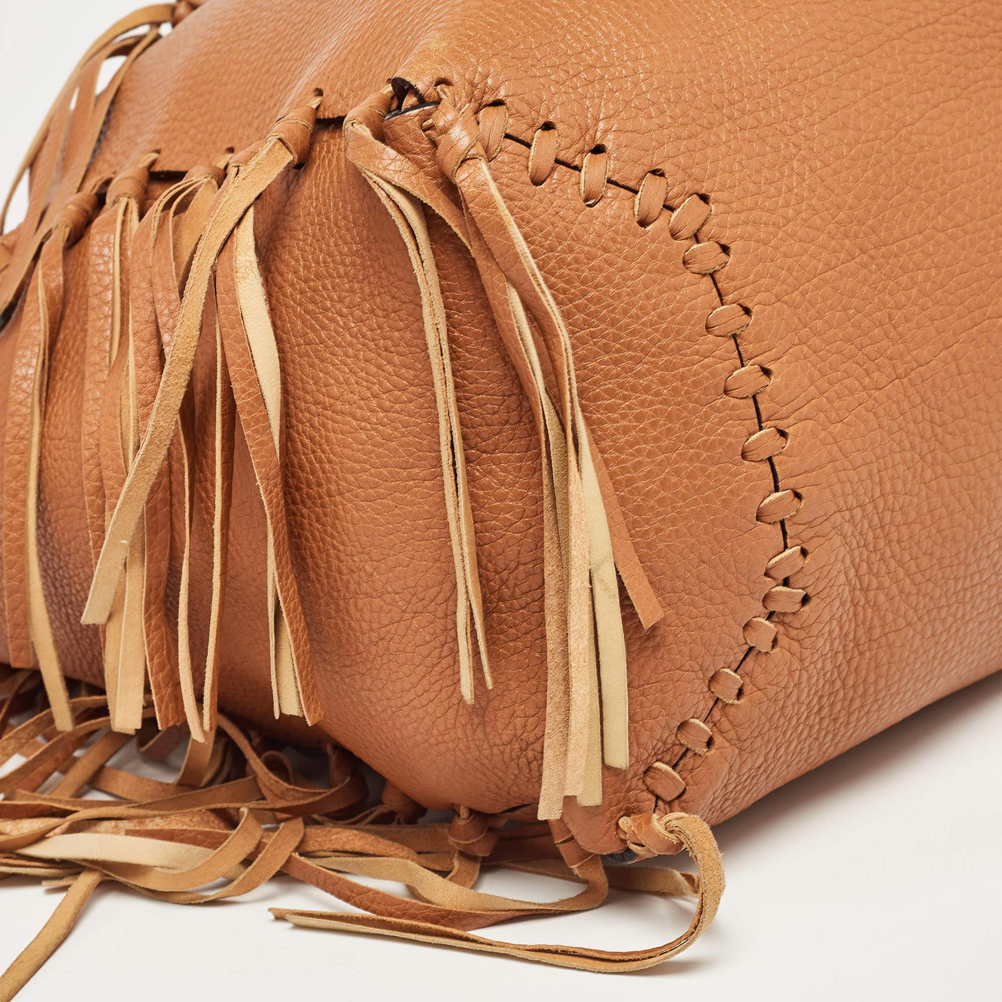 Valentino Brown Pebbled Leather Fringe C-Rockee Tote en vente 14