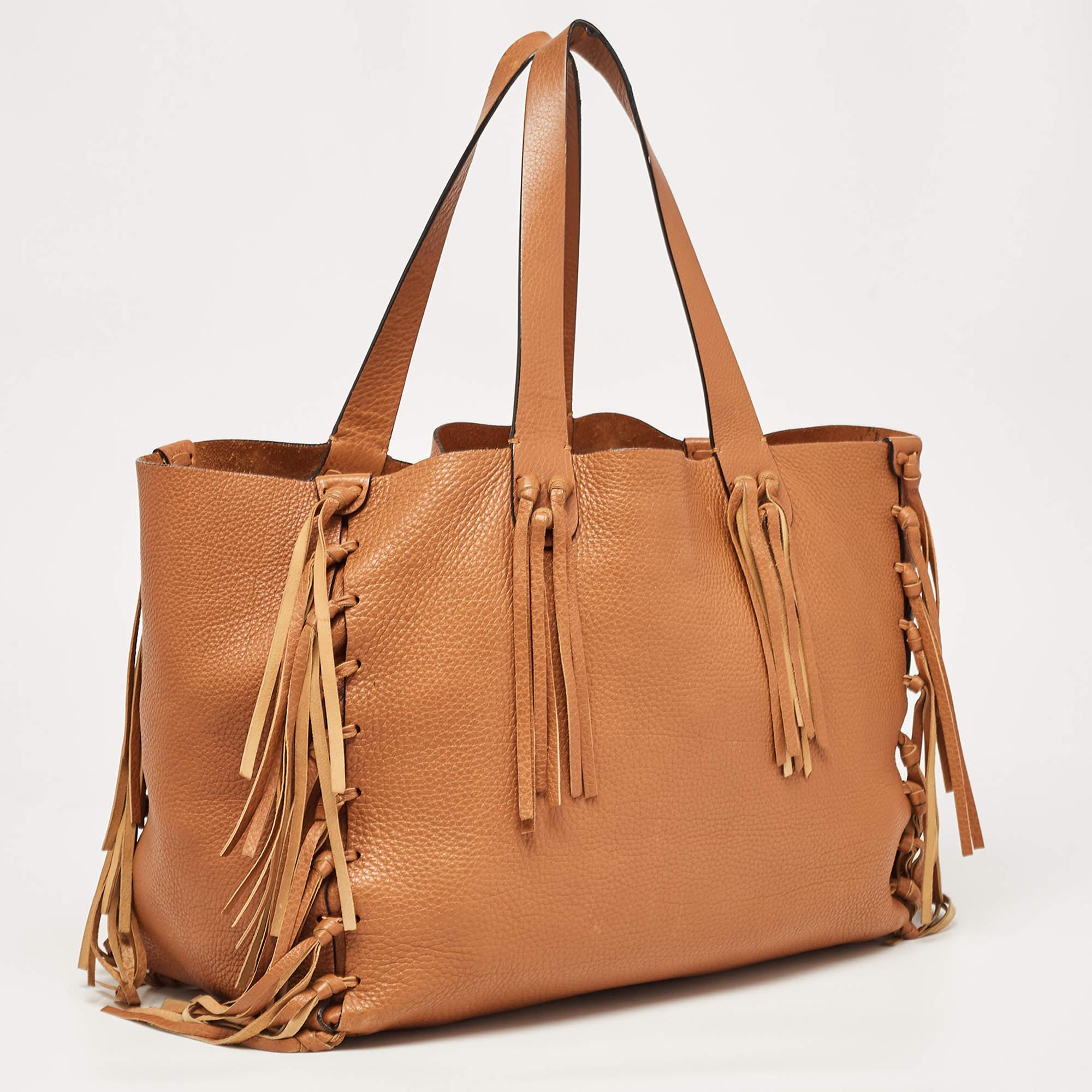 Women's Valentino Brown Pebbled Leather Fringe C-Rockee Tote For Sale