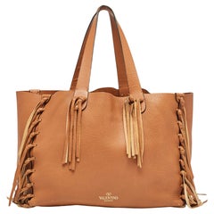 Valentino Brown Pebbled Leather Fringe C-Rockee Tote