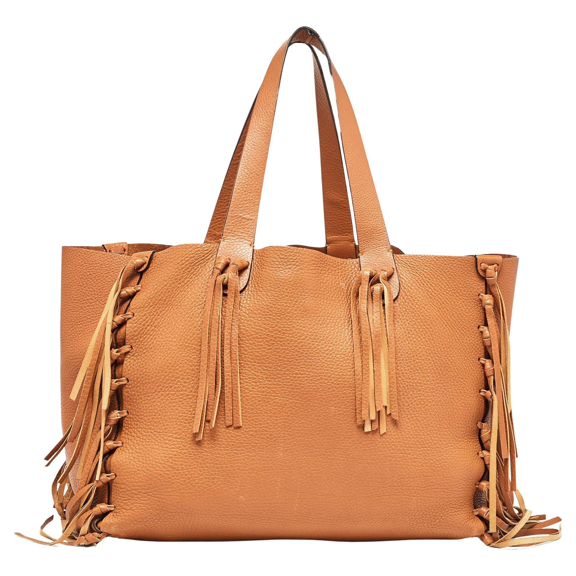 Valentino Brown Pebbled Leather Fringe C-Rockee Tote For Sale