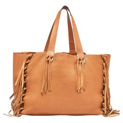 Valentino Brown Pebbled Leather Fringe C-Rockee Tote