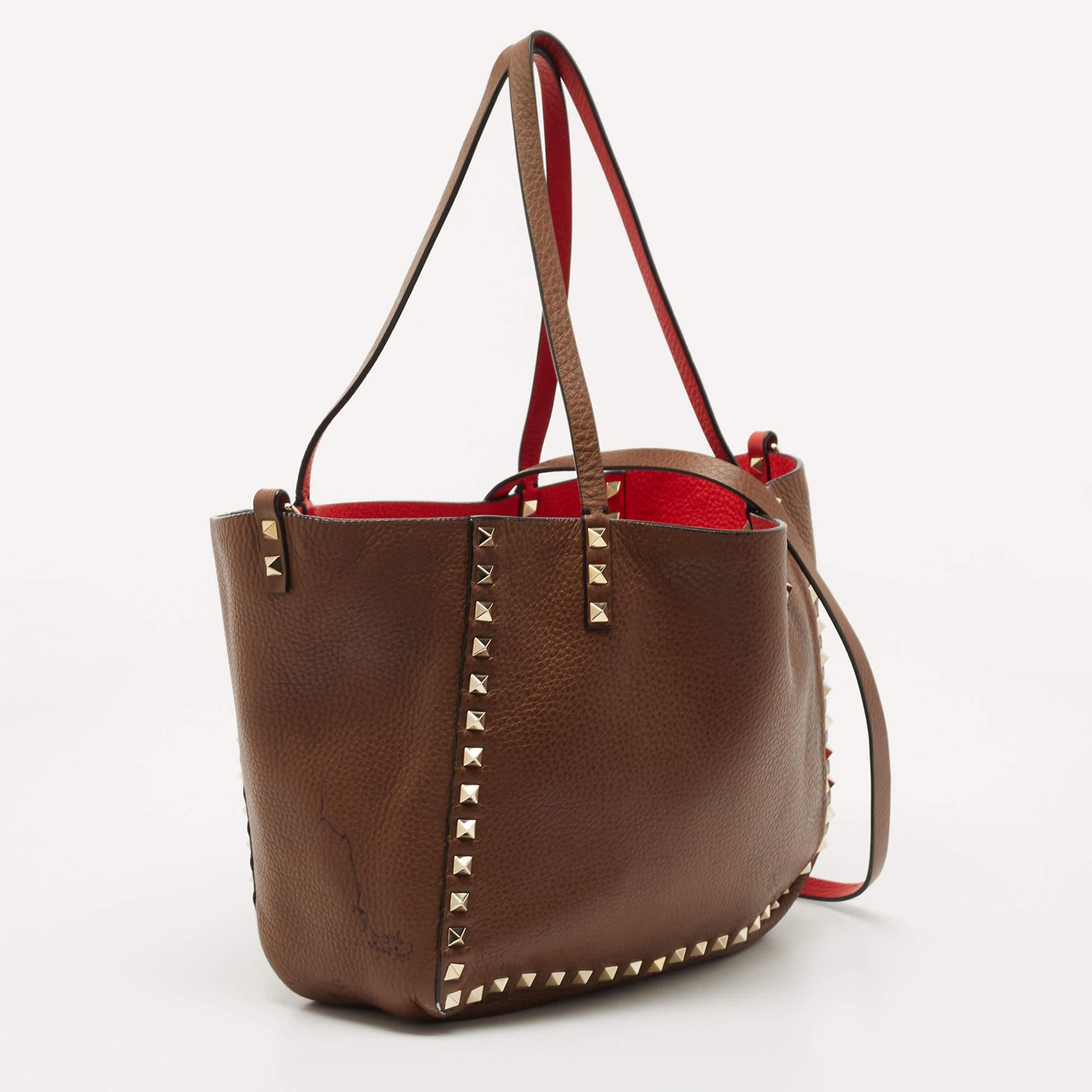 Valentino Brown/Red Leather Rockstud Reversible Tote 1