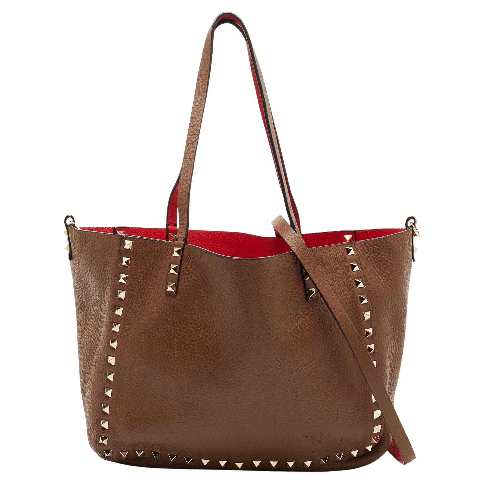 Valentino Brown/Red Leather Rockstud Reversible Tote