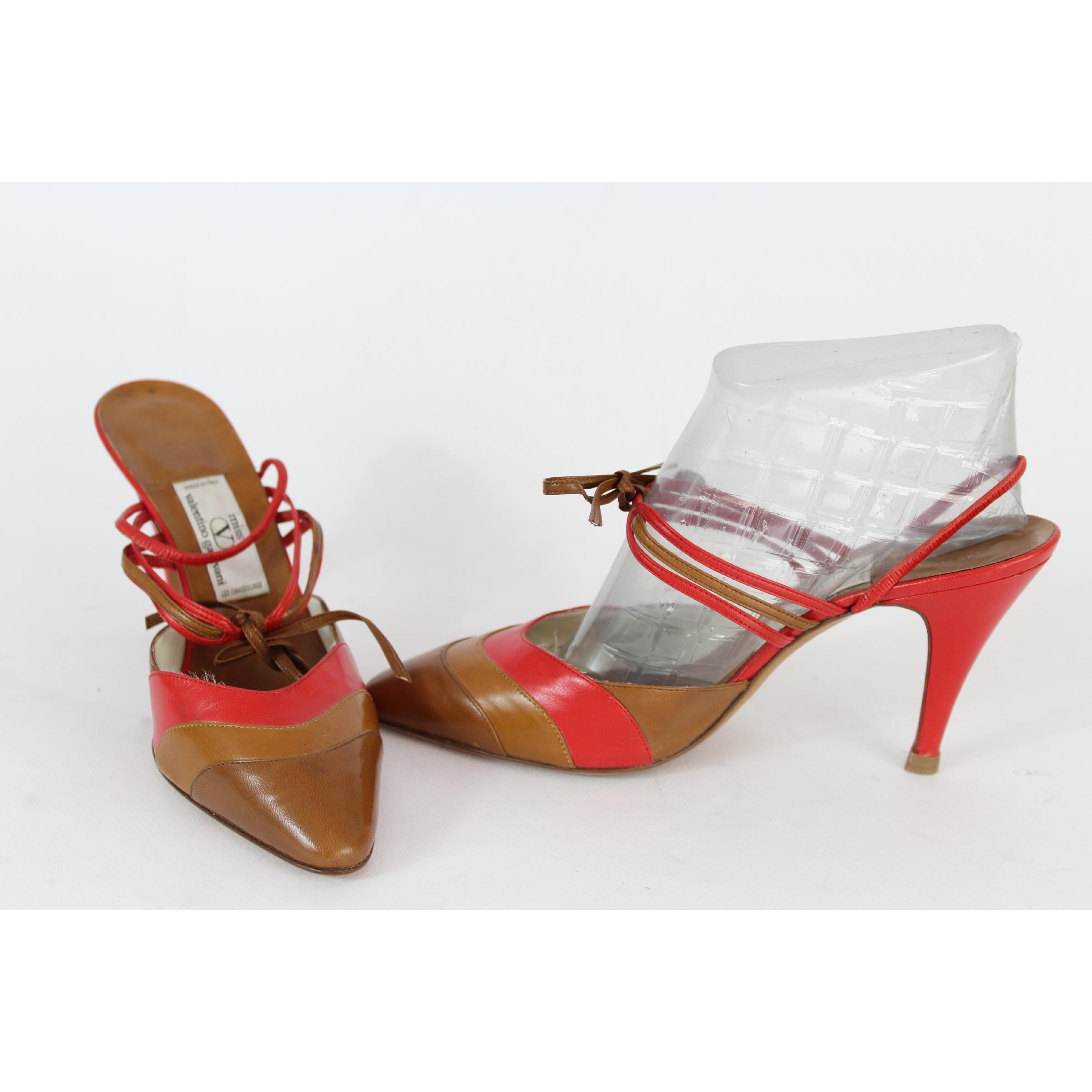 Gray Valentino Brown Red Leayher Heel Shoes Decollete 80s For Sale