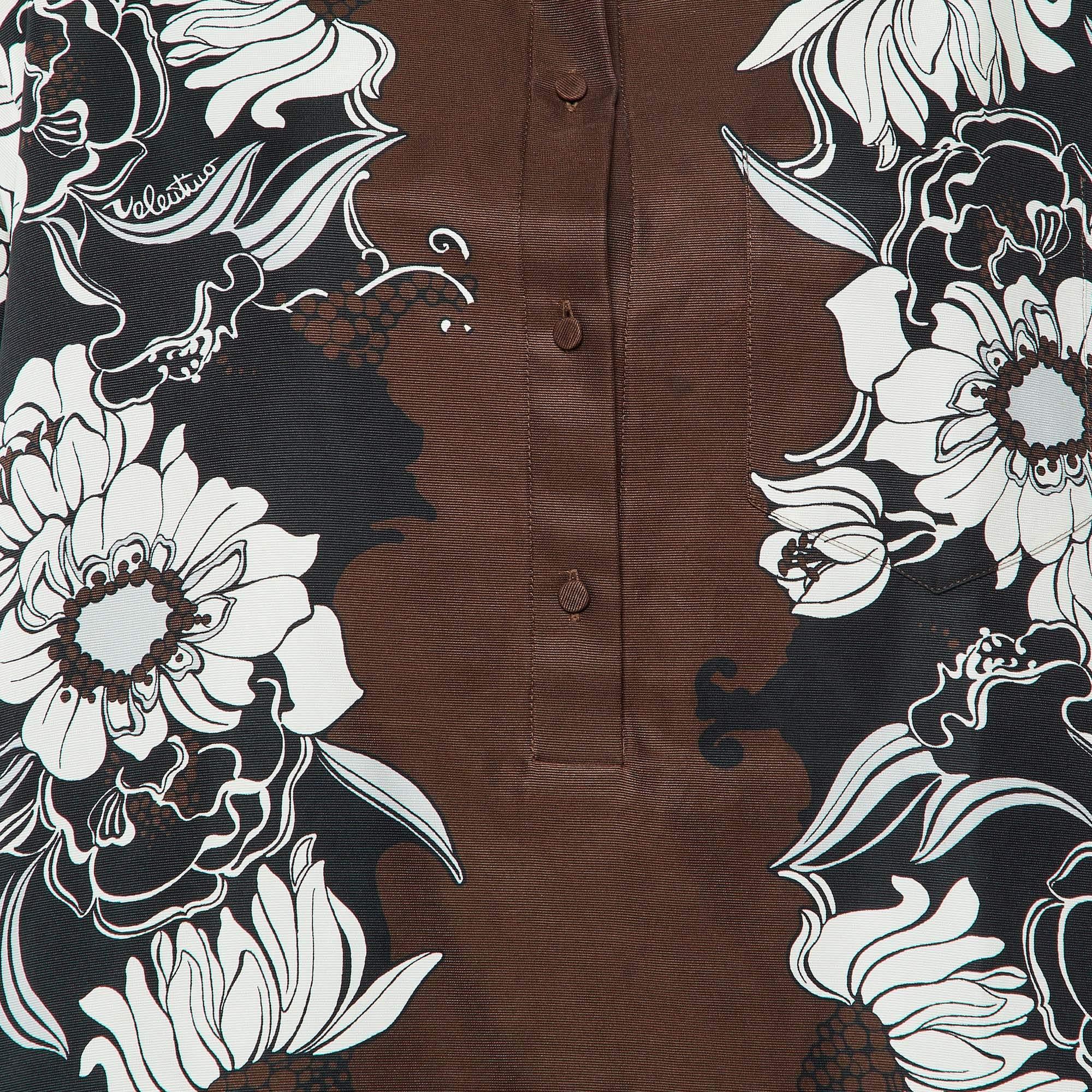 Black Valentino Brown Street Flowers Daisyland Print Cotton & Silk Shirt Dress M For Sale