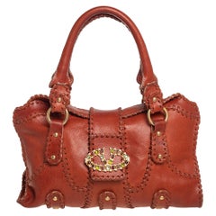 Valentino Brown Whipstitch Leather Crystal Embellished V Ring Satchel