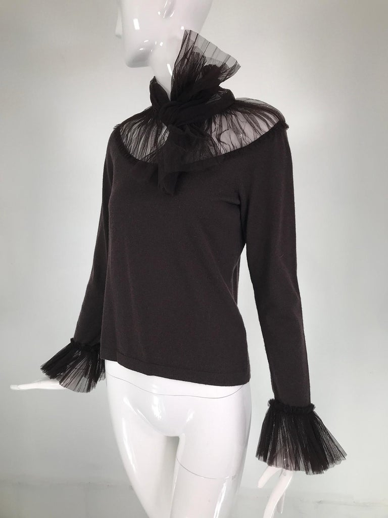 Women's Valentino Brown Wool Knit & Tulle Yoke with Bow Tie Neck Sweater For Sale