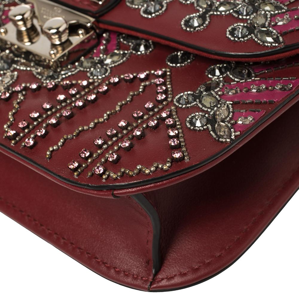 Valentino Burgundy Beads Embellished Leather Small Love Glam Lock Shoulder Bag 4