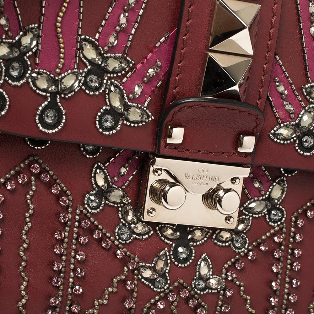 Valentino Burgundy Beads Embellished Leather Small Love Glam Lock Shoulder Bag 5