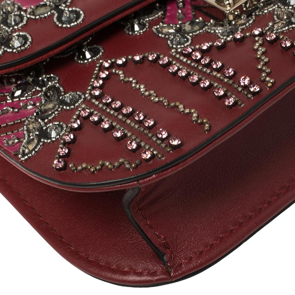 Valentino Burgundy Beads Embellished Leather Small Love Glam Lock Shoulder Bag 3